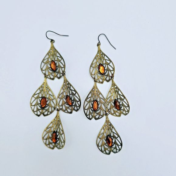 Filigree Leaf Earrings Vintage Long Chandelier Brown Marquise Gem Dangle Drop - Picture 6 of 8